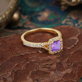 Princess Cut Amethyst Engagement Ring Halo Half Eternity Pave Band